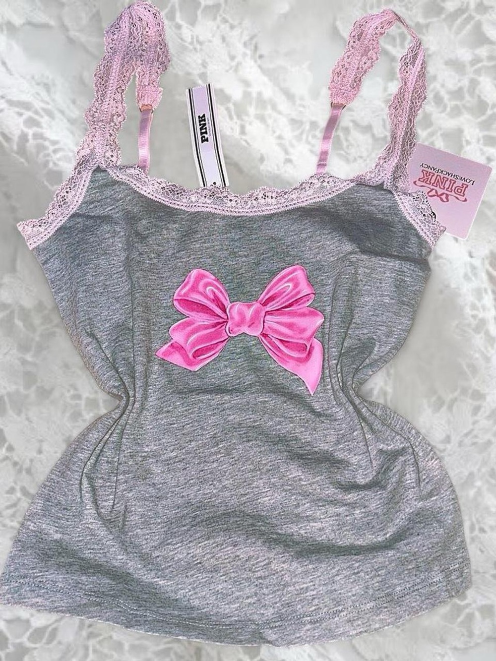 Victoria’s Secret PINK x LoveShackFancy Cotton Cami Tank Top in Heather Grey 👚🎀